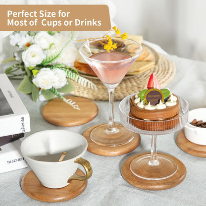 HALE OTEIR Acacia Wood Round Coasters Set of 6 with Holder, 3.93 Inch Rustic Wood Coasters with Smooth Rounded Edge for Mugs, Glasses, Coffee & Wine, Perfect for Home, Office or Christmas