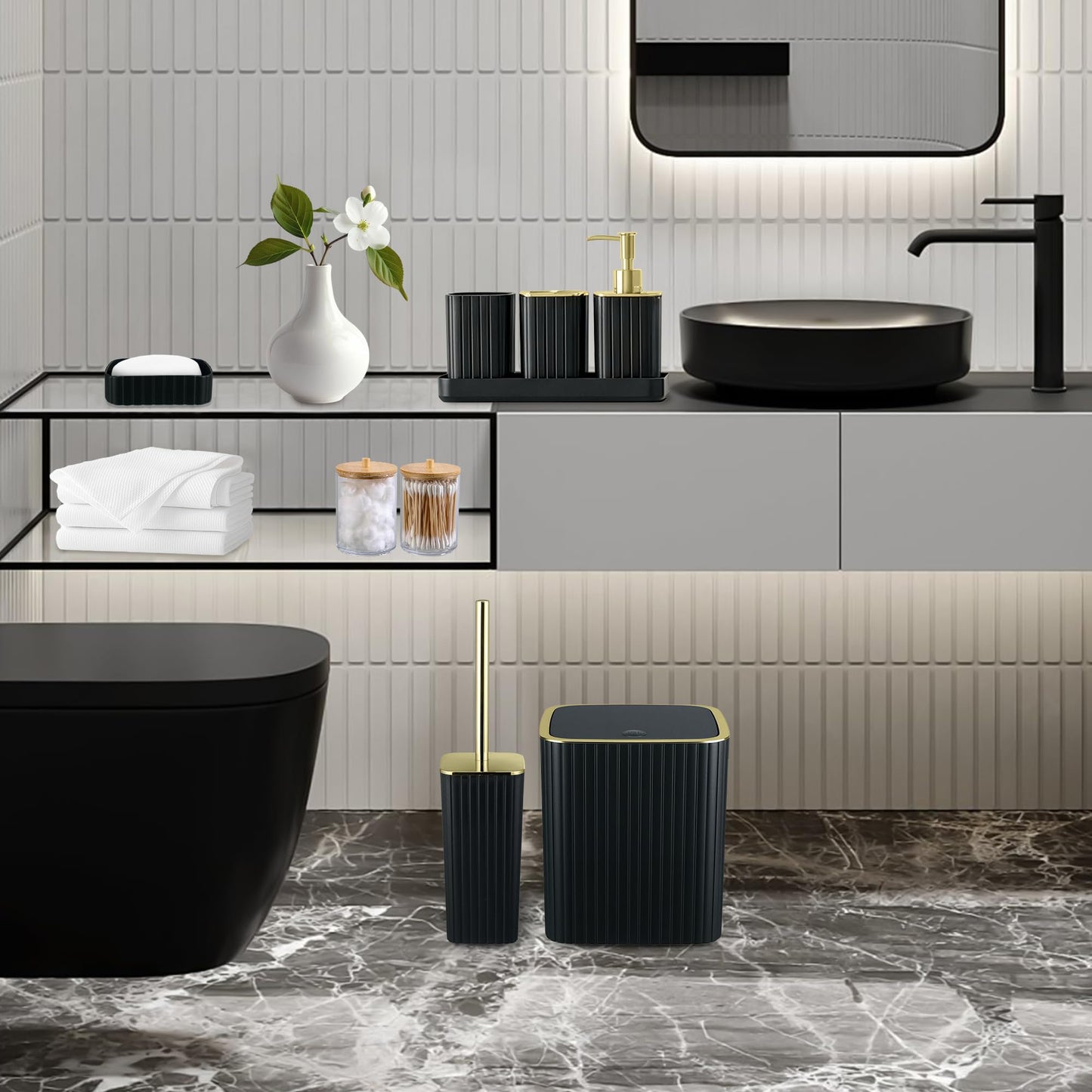 9PC Set Black and Gold Bathroom Accessories Set with Trash Can, Toilet Brush,Soap Dispenser, Q-Tip Holder | Modern Home Bath Essentials (Black and Gold)