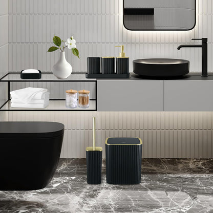 9PC Set Black and Gold Bathroom Accessories Set with Trash Can, Toilet Brush,Soap Dispenser, Q-Tip Holder | Modern Home Bath Essentials (Black and Gold)