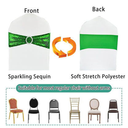 LIZIMI Sequin Chair Sashes Stretch Chair Bands Spandex Polyester Bows for Party Hotel Wedding Banquets Decoration - 6 Pcs Green