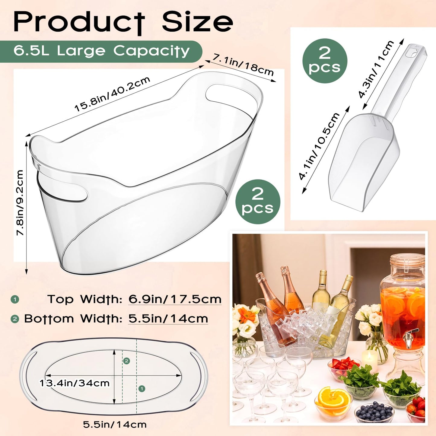 Acellegic 2 Pack 6.5l Ice Bucket for Party, Clear Plastic Champagne Cooler with Ice Scoop & Metal Bottle Opener, Large Portable Drink Beverage Tub for Beer & Mimosa Bar Supplies