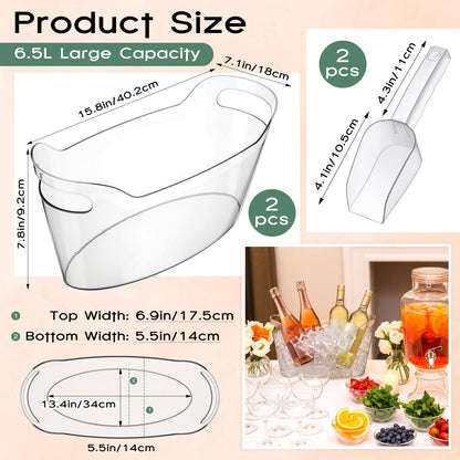 Acellegic 2 Pack 6.5l Ice Bucket for Party, Clear Plastic Champagne Cooler with Ice Scoop & Metal Bottle Opener, Large Portable Drink Beverage Tub for Beer & Mimosa Bar Supplies