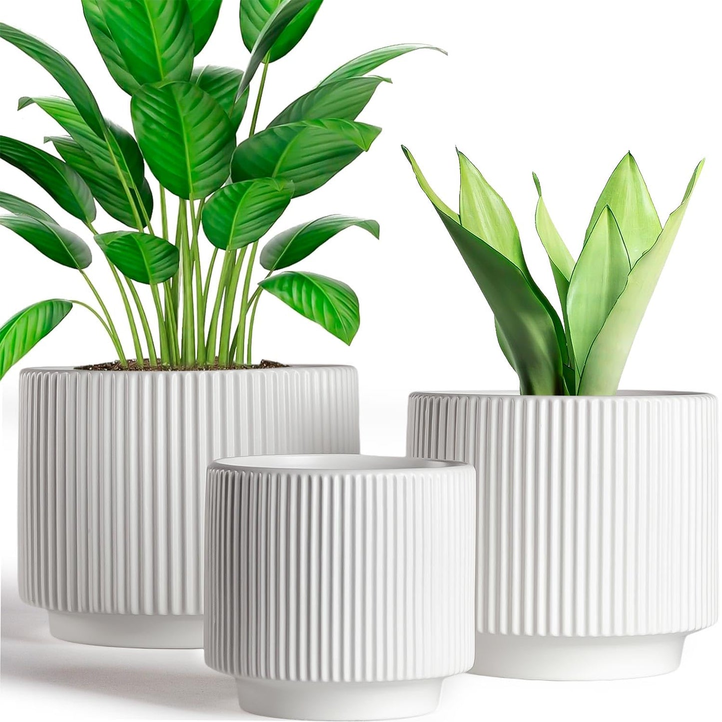 Houlu Set of 3 White Ceramic Plant Pots (7.8/6.5/5.1 inch) with Drainage, Small Flower Planter for Indoor and Outdoor Plants