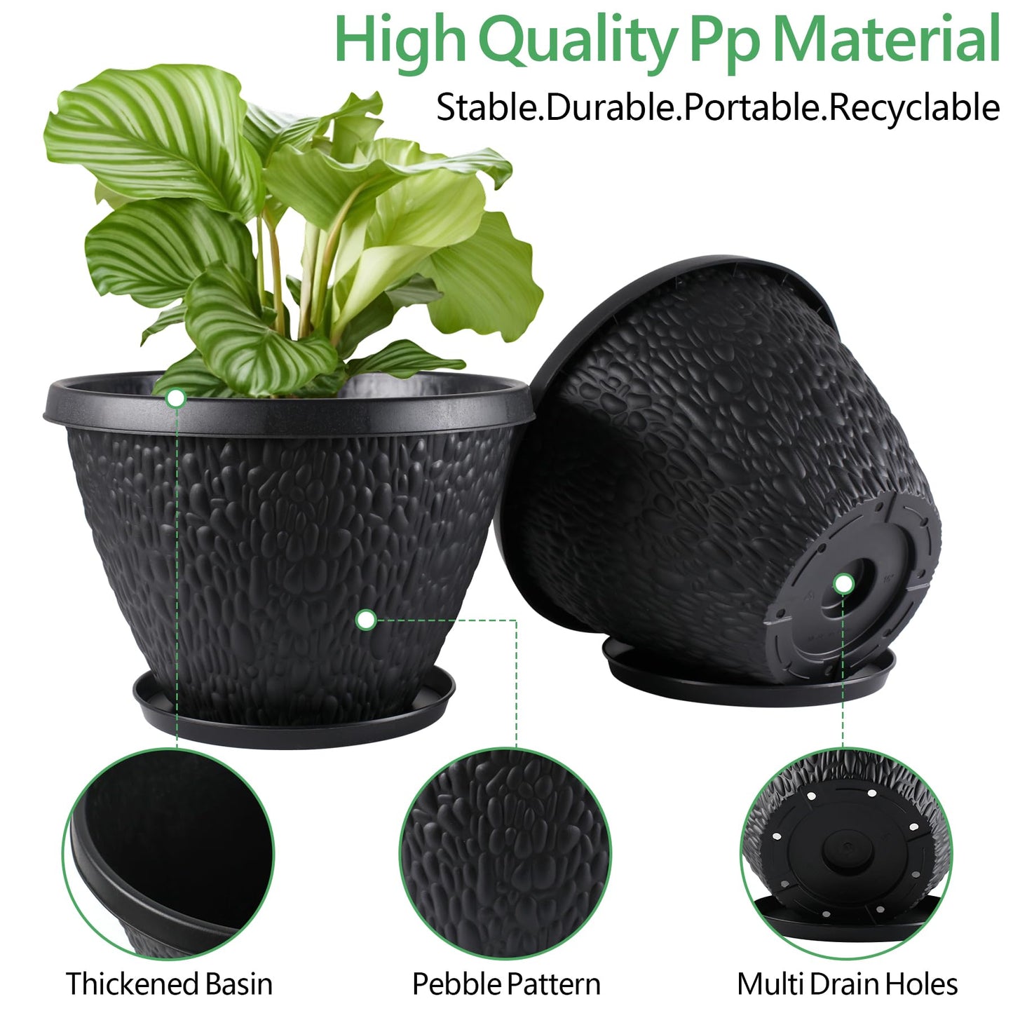 Nooulap 4 Pack 8 inch Plant Pots for Outdoor Indoor, Durable Flower Pots with Drainage, Indoor Outdoor Planters for Herbs Flowers (Black Pebbles Design)