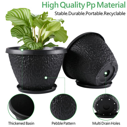 Nooulap 4 Pack 8 inch Plant Pots for Outdoor Indoor, Durable Flower Pots with Drainage, Indoor Outdoor Planters for Herbs Flowers (Black Pebbles Design)