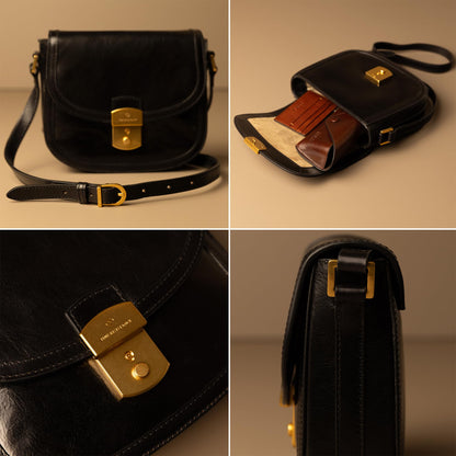Time Resistance Leather Crossbody Bag – Saddle Bag with Magnetic Closure - Leather Messenger Bag for Women (Black)