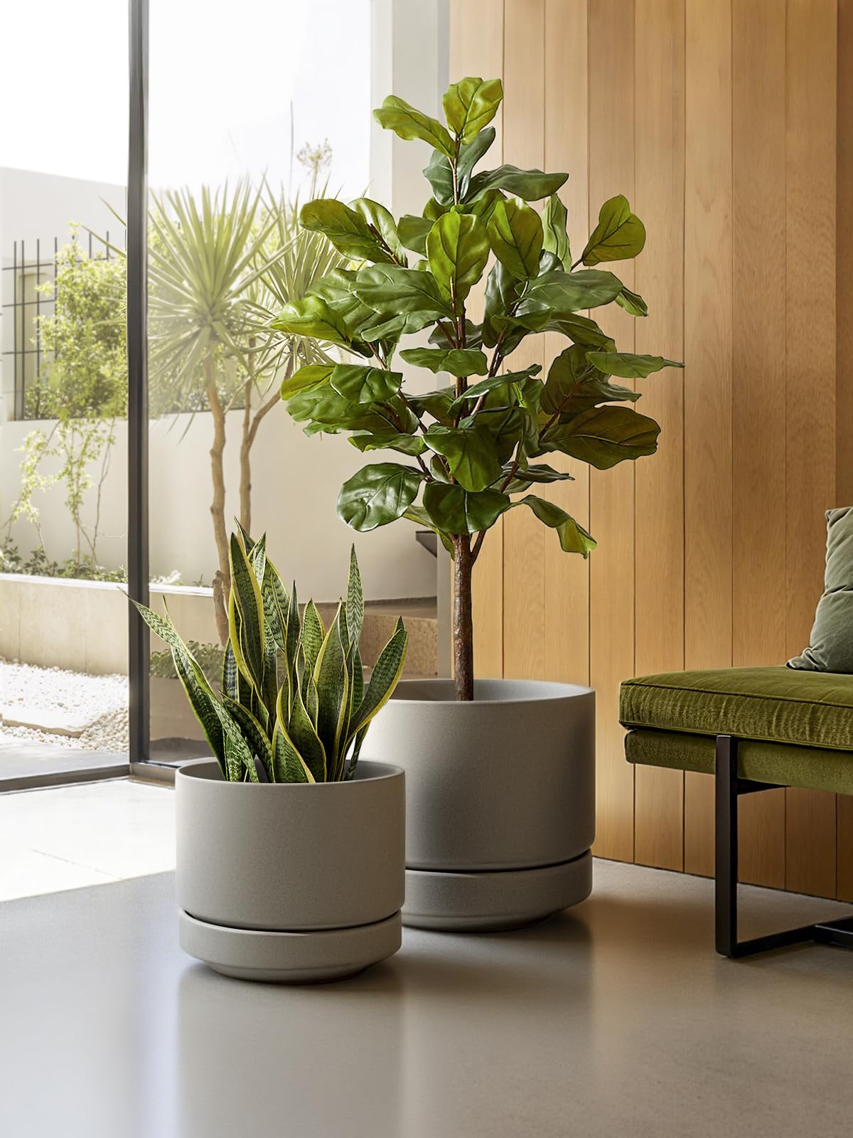 LE TAUCI 12 Inch Pots for Plants with Saucer | Ceramic Outdoor & Indoor Planter Pot for Plants | Drainage Hole, Mesh Pad | Unglazed Porous | Modern for Home, Office and Patio – Neutral Gray