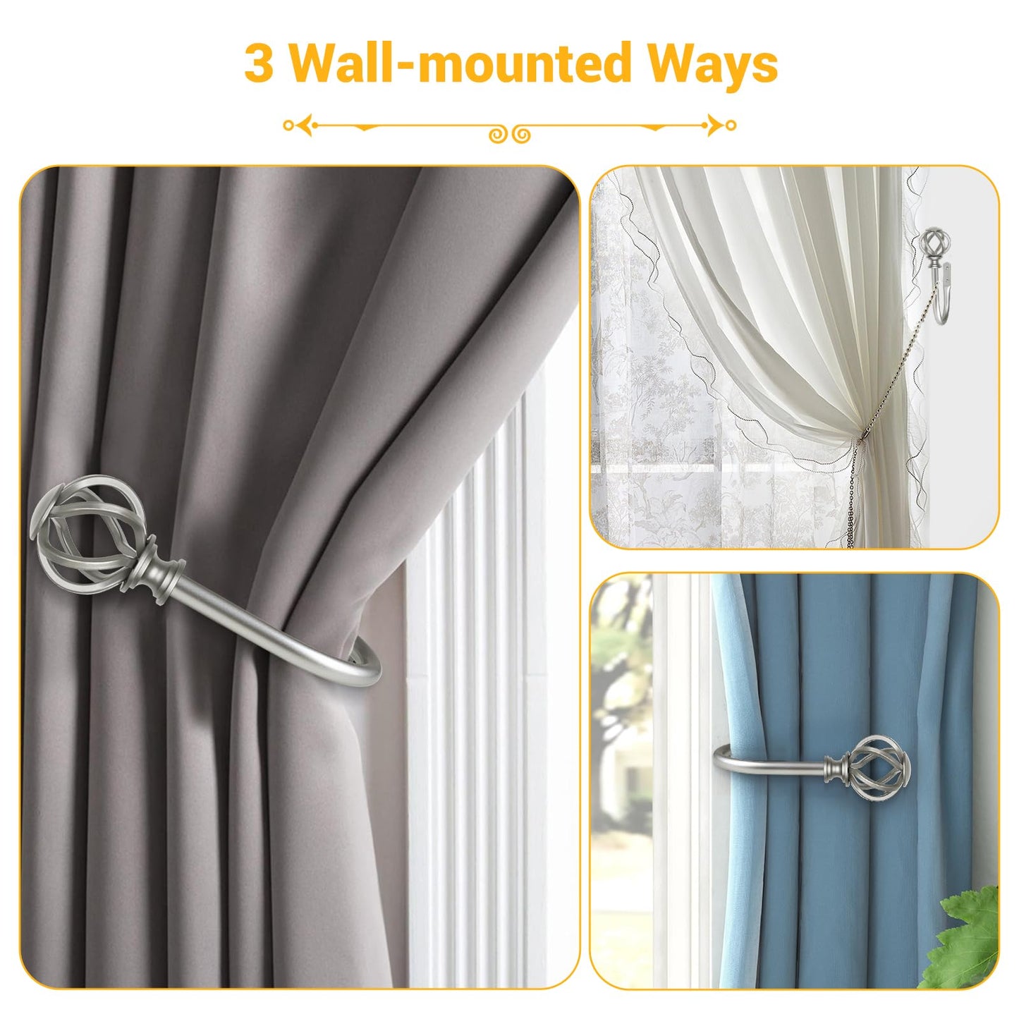 USFOOK 2 Pack Curtain Holdbacks, Decorative Window Drapery Tiebacks (2 Pack/1 Pair), Curtain Tie Back Hooks for Wall with Antique Silver Twisted Cage Finials (3.45" L x 5.35" W)
