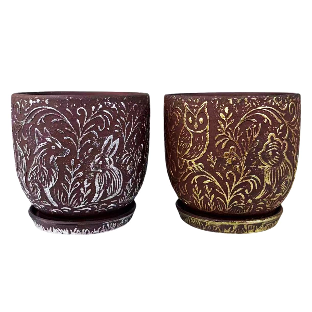 Decorative Ceramic Planter Pot with Saucer, Brown with Gold and Silver Owl Pattern, Indoor Garden Container with Drainage (G&S, 6 inch)