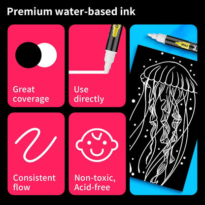 NAWOD 3 White Acrylic Paint Pens, Dual Tip (Fine 1mm + Dot 5mm) Permanent Markers for Rock, Fabric, Canvas, Ceramic, Glass, Wood, Paper, Labeling, Drawing, DIY Crafts