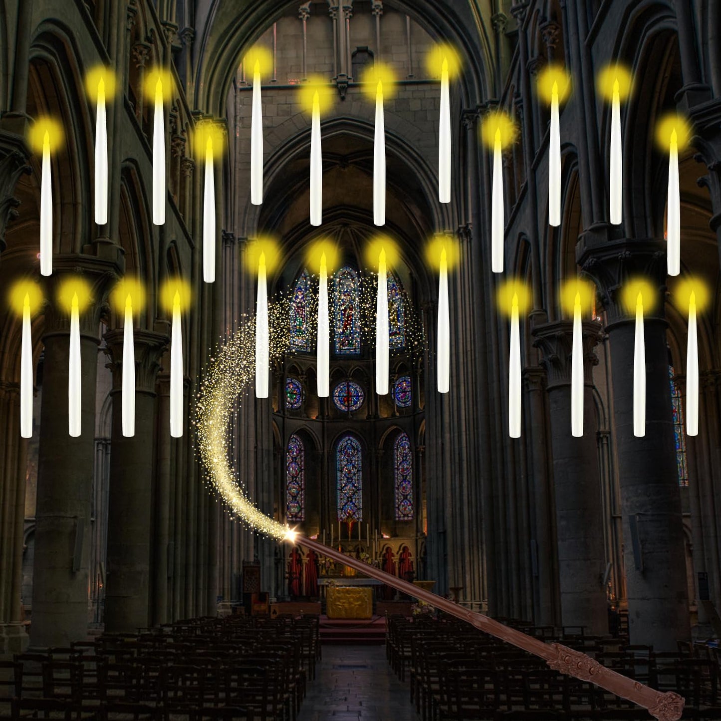 GTYZZH Christmas Decorations, 24PCS Floating Candles with Wand, Hanging Candles with Remote Wand, Warmwhite Flickering Flameless Magic Floating Candle Lights for Halloween Christmas Party