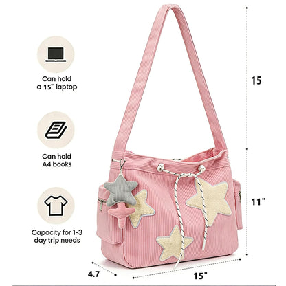 AFGWK Corduroy Star Tote Bag for Women Teens Y2K Aesthetic Hobo Crossbody Shoulder Messenger Bag for School(Pink)