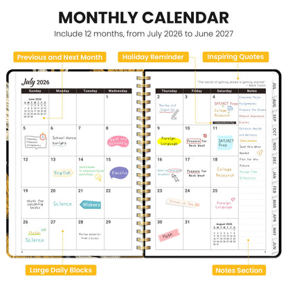 Academic Planner 2026-2027, Monthly and Weekly Calendar Planner, July 2026 - June 2027, Pretty Hardcover Teacher Student Planning Agenda Book with Tabs, Fit for School Office Supplies, 6.3" x 8.5", Nocturne Sunflowers