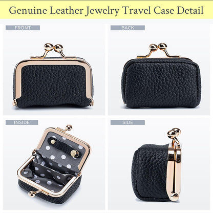 FURZART Genuine Leather Jewelry Travel Case Mini Portable Organizer with Kiss Lock & Anti-Tip Design, Stable Small Jewelry Box for Earrings, Rings, Coin Purse & Travel (2.55x1.77 Inch, Black)
