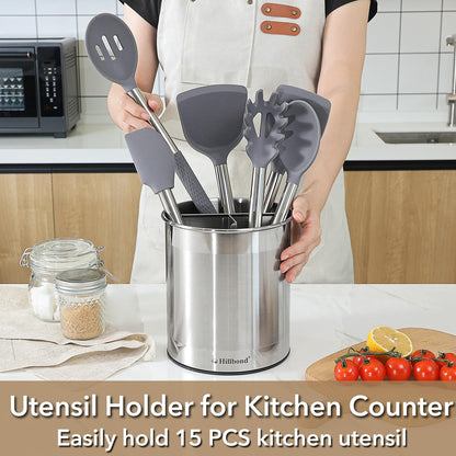 Hillbond 7.5x6.9 Inch EXTRA LARGE Utensil Holder for Countertop, Stainless Steel Rotating Organizer with Removable Divider, Space-Saving for Large Kitchen Utensils Set & Spacious Kitchens