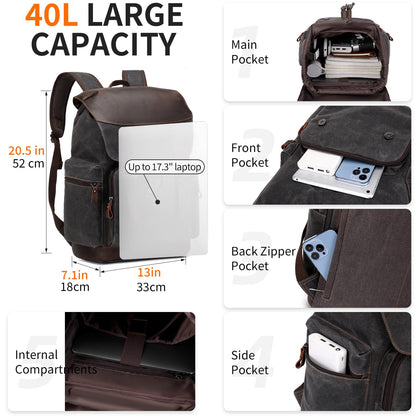 Nerlion Leather Backpack for Men Waxed Canvas Laptop Backpack 17.3 Inch Rucksack Vintage Travel Backpack (Black)