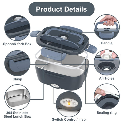 Electric Lunch Box Food Heater, 3 in 1 Ultra Quick Heated Lunch Boxes for Adults, 12V/24V/110V Portable Food Warmer for Car/Truck/Office With Fork Spoon and Insulated Carry Bag