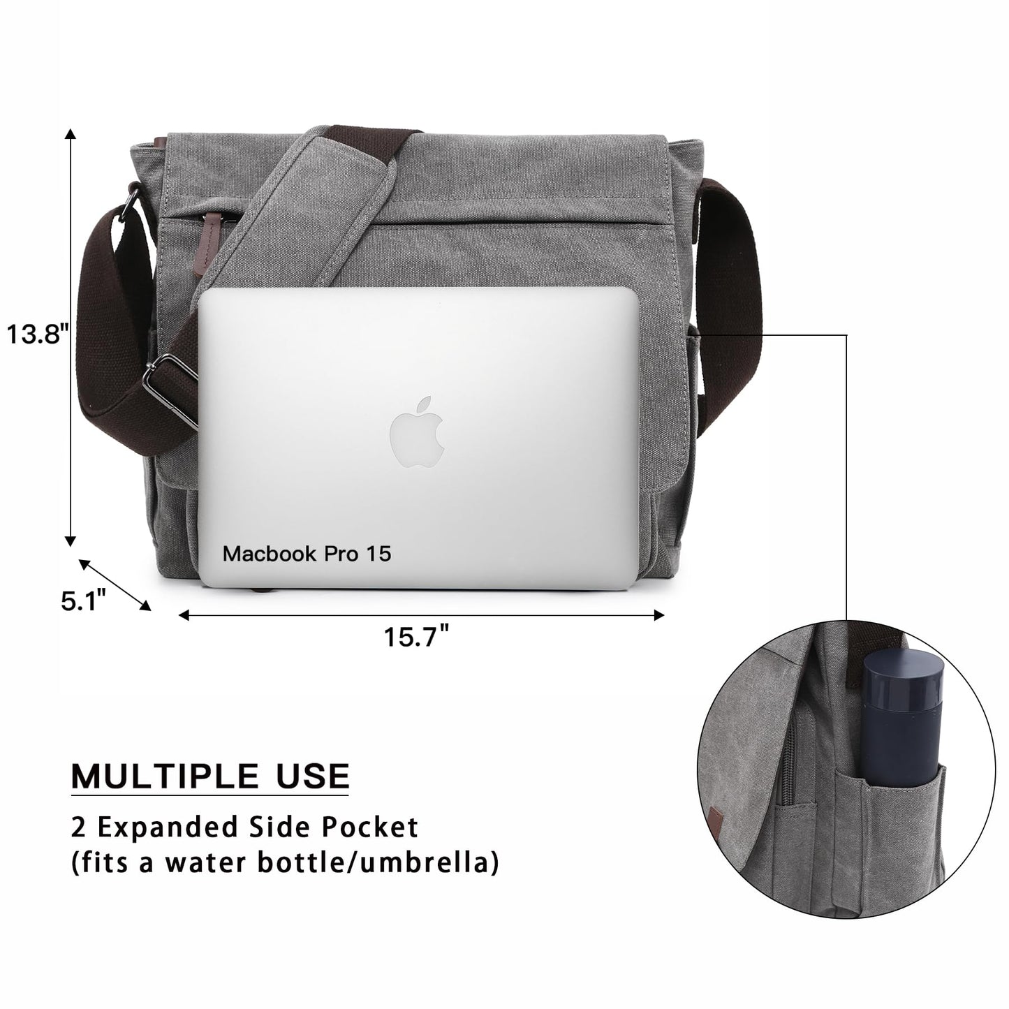 Dasein Large Vintage Canvas Messenger Shoulder Bag, Grey, 15in Laptop