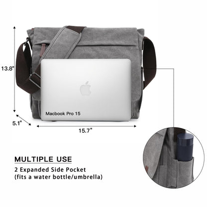 Dasein Large Vintage Canvas Messenger Shoulder Bag, Grey, 15in Laptop