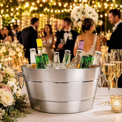 BREKX Stainless Steel Ice Bucket for Parties, Double Wall Insulated Anchored Brushed Drink Tub & Wine Bucket with Double Hinged Handles, Drink Chiller for Parties, 12QT (3 Gallon), 100% Leak Proof