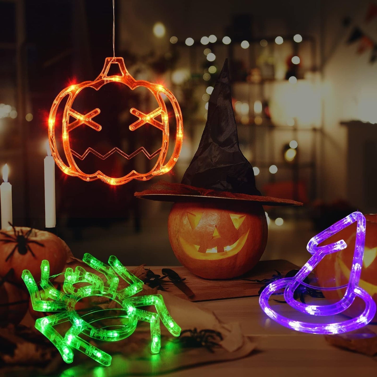 LOLStar Halloween Window Lights, 3 Pack Pumpkin, Spider, Witch Hat Lights