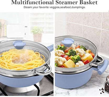 Pots and Pans Set Non Stick, Nonstick Cookware Set, Steamer Pot and Pan for Cooking, Kitchen Cookware Sets Non Toxic, Induction Compatible, Detachable Handle, Oven Safe, PFOS & PFOA Free,Blue