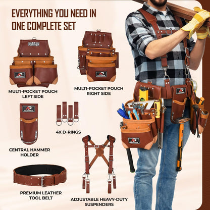 AP-LEATHER PRO-19 4MM Genuine Full Grain Leather Tool Belt for Men, tool belt with suspenders, Comfort Back Padded Support with Brass Hardware Tool Pouches With Suspenders (28 Pocket Tool Belt)
