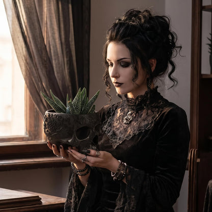 Black Skull Planter Pot 6 Inch Skeleton Head Pot for Succulents Flowers, & Bowl Dish Gothic Decor for Garden Home Parties Haunted House Spooky Black Display Halloween Skull Flower Pot Decoration Gift