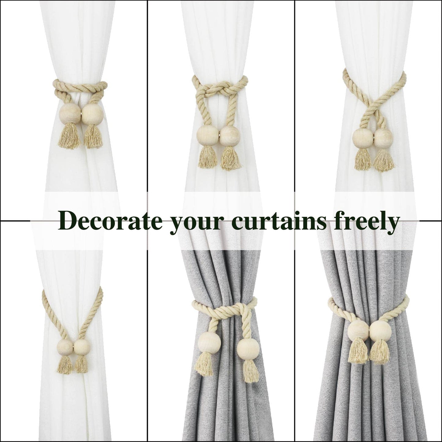 Nieffeiy 6 Pack Magnetic Curtain Tiebacks Cotton Hand Woven Tie Back Decorative Rope Holdbacks for Curtains Draperies No Tools Required, Dark Beige