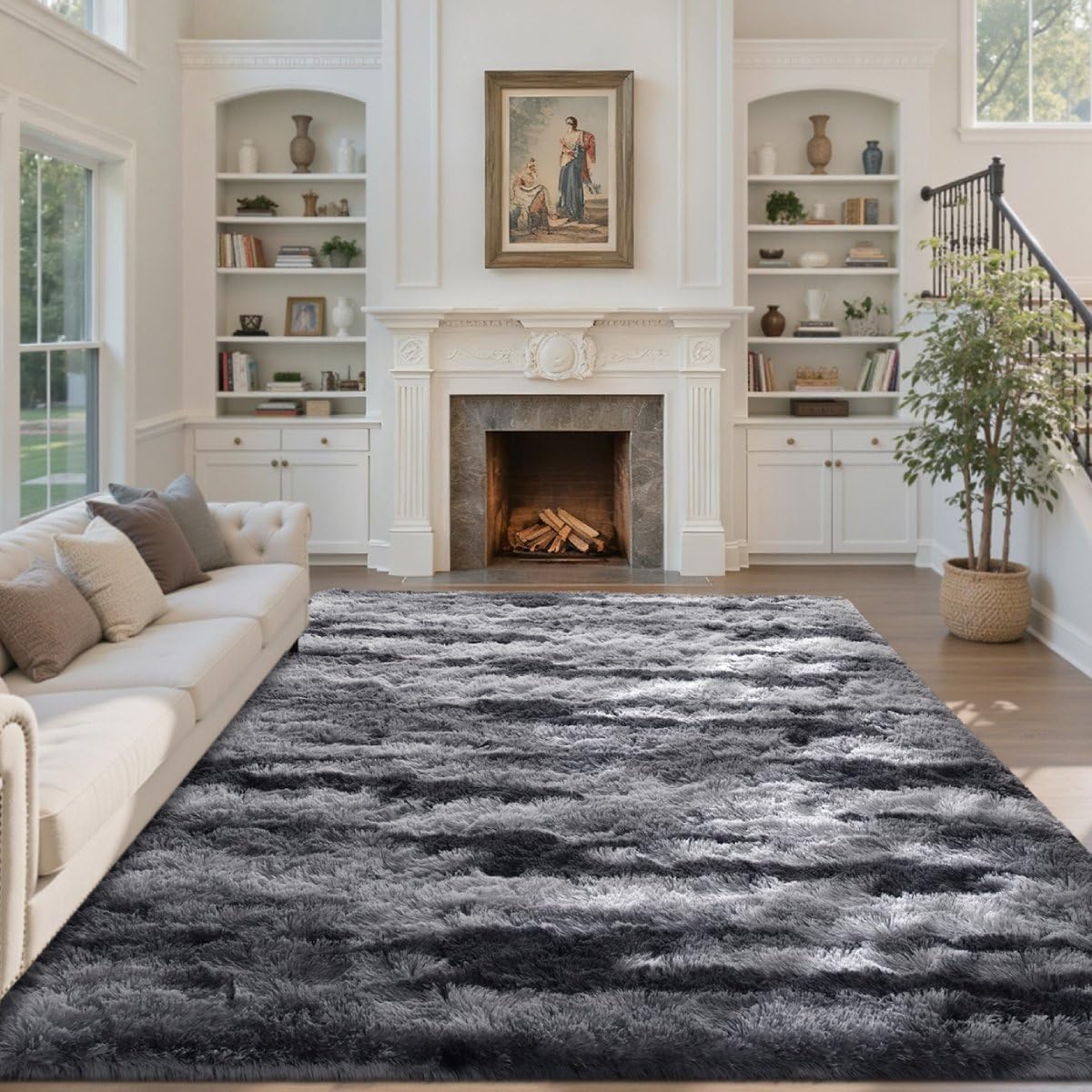 5x7 Ft Large Shag Rug for Living Room Bedroom,Tie-Dyed Ultra Soft Fluffy Furry Area Rug, Aesthetic Carpet for Indoor Floor Home Decor (Black)