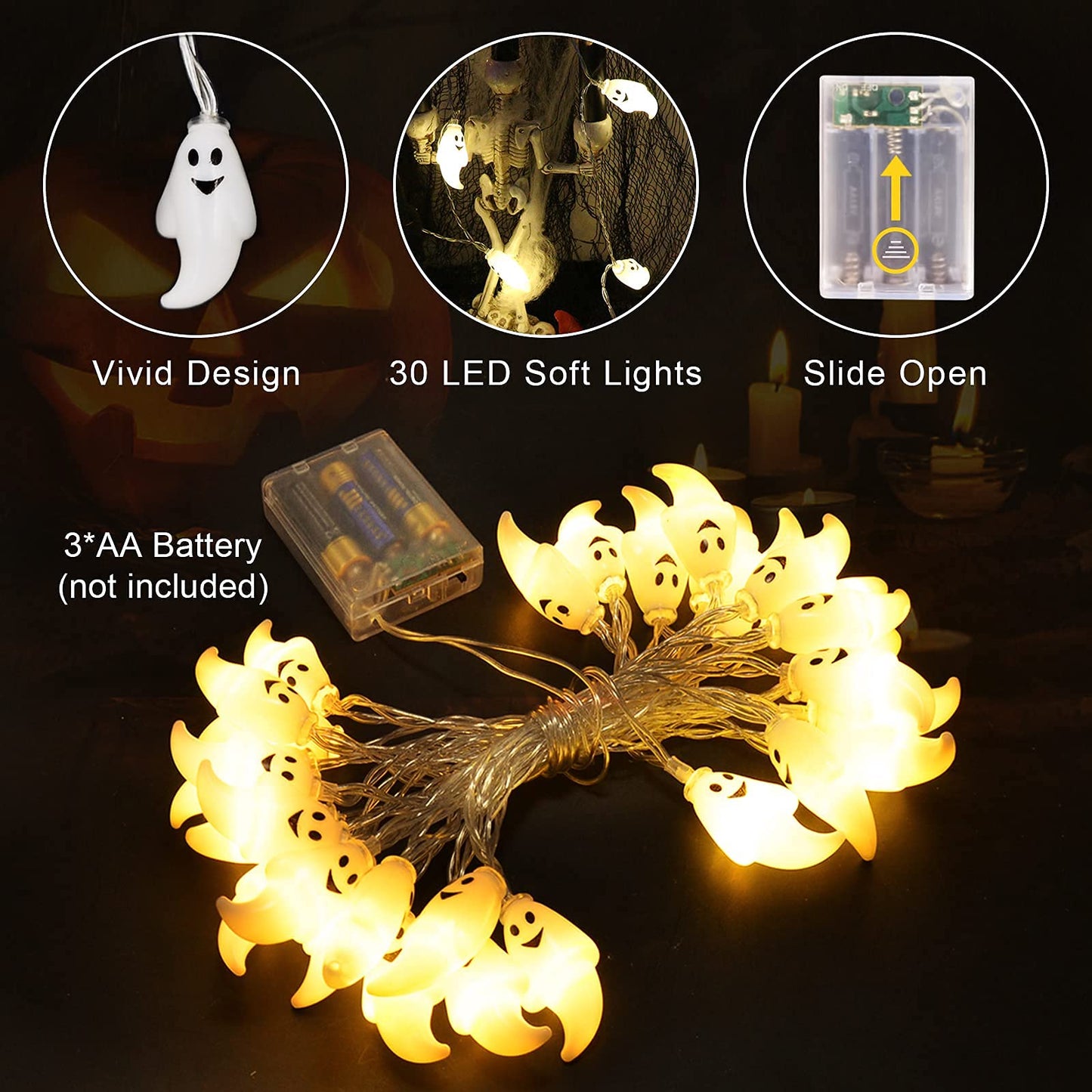 JMEXSUSS 30 LED Halloween String Lights, Cute Battery Operated Ghost String Lights Indoor for Fireplace Party Porch Room Halloween Decorations (Warm White)