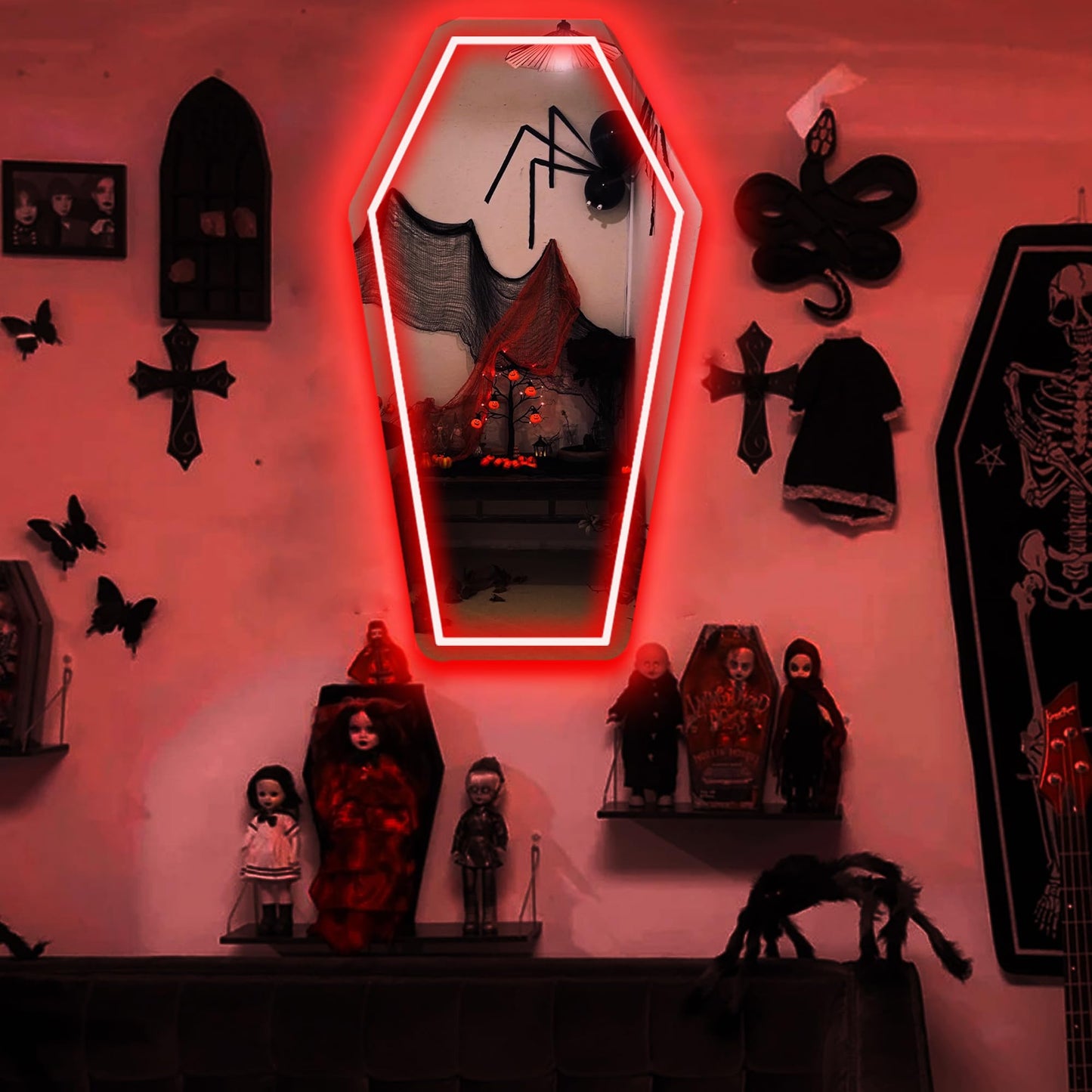 Coffin Mirror Neon Sign, Coffin Neon Signs for Wall Decor, Goth Neon Sign Gift for Goth Lovers, Coffin Make-up Mirror Whimsical Goth Home Decor 17″×9.44″