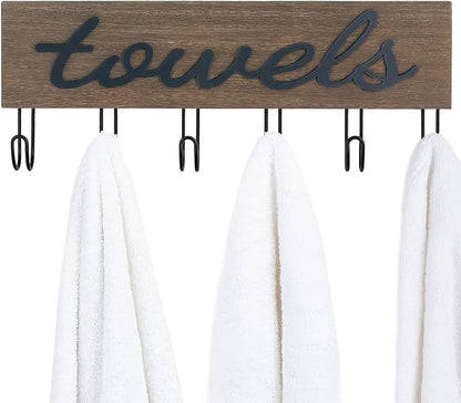 Mkono Towel Holder Wall Mounted Towel Rack Bathroom Decor Rustic Wood Towel Hooks to Hang Towels Bathroom Robe Coat Clothing, Bath Towel Hanger Storage Home Decor Organizer, Medium