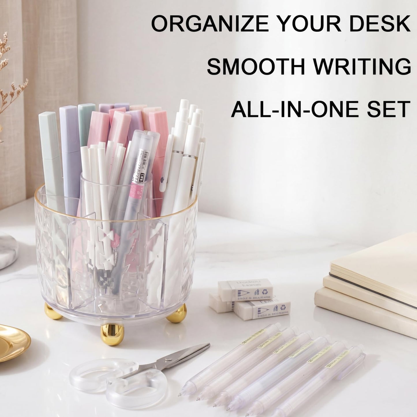 Eersida 44 Pcs Aesthetic School Supplies with 360° Rotating Pen Organizer, Office Supplies, 12 Highlighters, 5 Ink Gel Pens, 6 Mechanical Pencils Set for Stationary Office Desk Accessories(Clear)