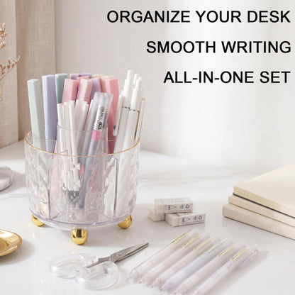Eersida 44 Pcs Aesthetic School Supplies with 360° Rotating Pen Organizer, Office Supplies, 12 Highlighters, 5 Ink Gel Pens, 6 Mechanical Pencils Set for Stationary Office Desk Accessories(Clear)