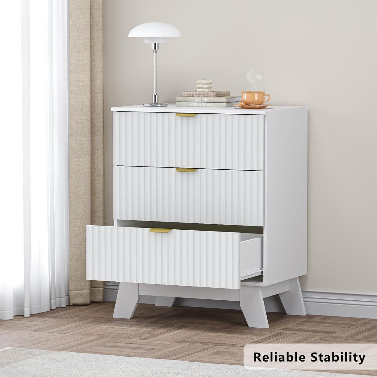 Fluted 3 Drawer Dresser, 30.3" Tall Compact Modern Boho Chest of Drawers, Wooden Storage Cabinet for Bedroom, Living Room, Entryway, Curved Profile Design