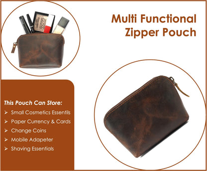 TheAntiq Full Grain Leather Cosmetic Bag – Zippered Makeup Pouch for Women, Small Travel Toiletry & Organizer Pouch for Purse, Premium Handmade Leather (5 × 4 × 2.5 in)