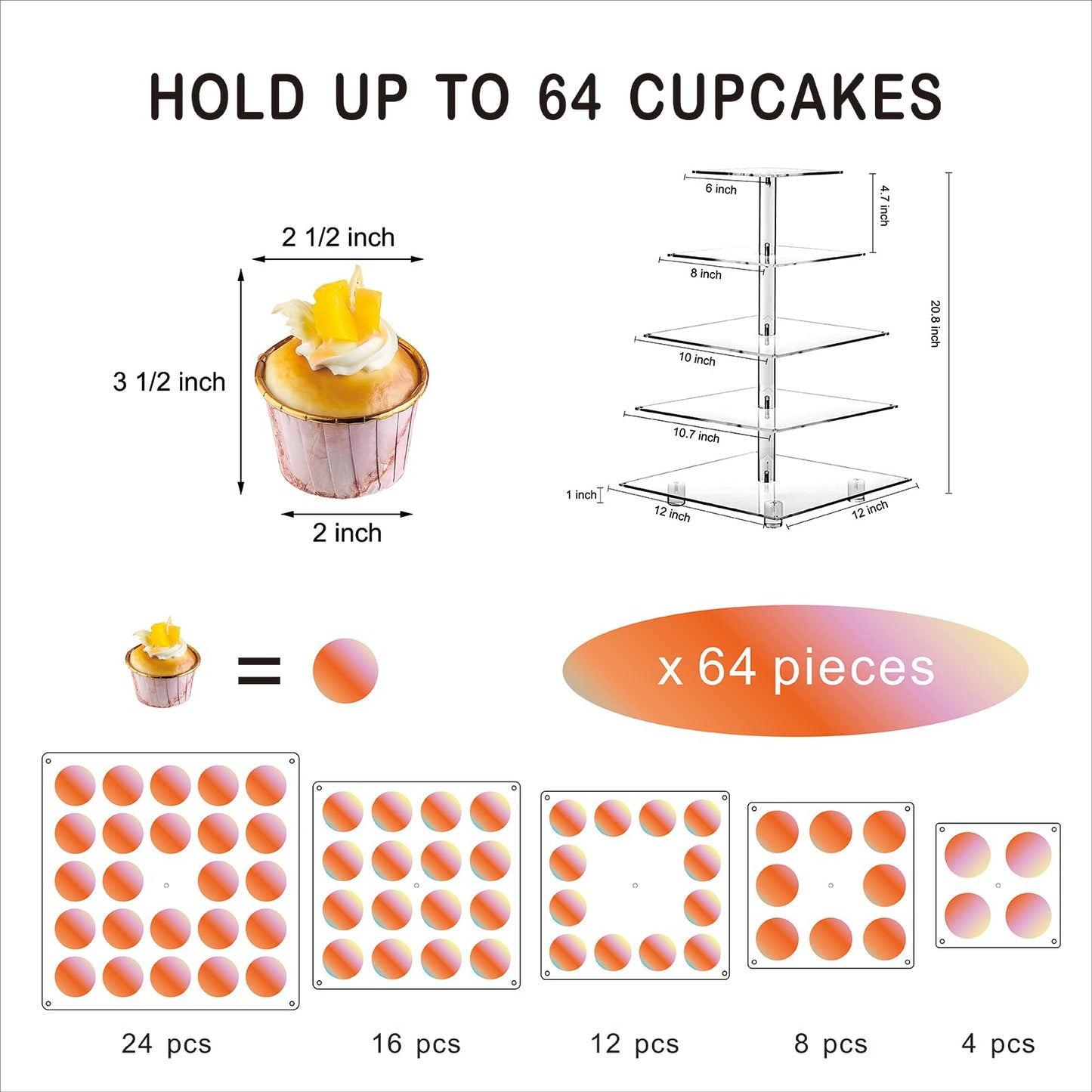 OLACHIKKO Cupcake Stand, 5-Tier Square Cupcake Holder with LED Light String, Acrylic Cupcake Tower Display-Dessert Tower-Pastry Stand-Cupcake Tier Stand for Wedding, Birthday Party (Colorful Light)…