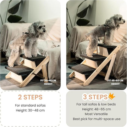MEWANG Wood Pet Stairs & Ramp for Small/Medium Dogs and Cats, Aging Pets – 2-in-1 Foldable, Portable, Non-Slip Pet Ladder for Tall Beds, Couches,Cars–Holds Up to 220 lbs (17.3" L x 17.2" W x 13.0" H)