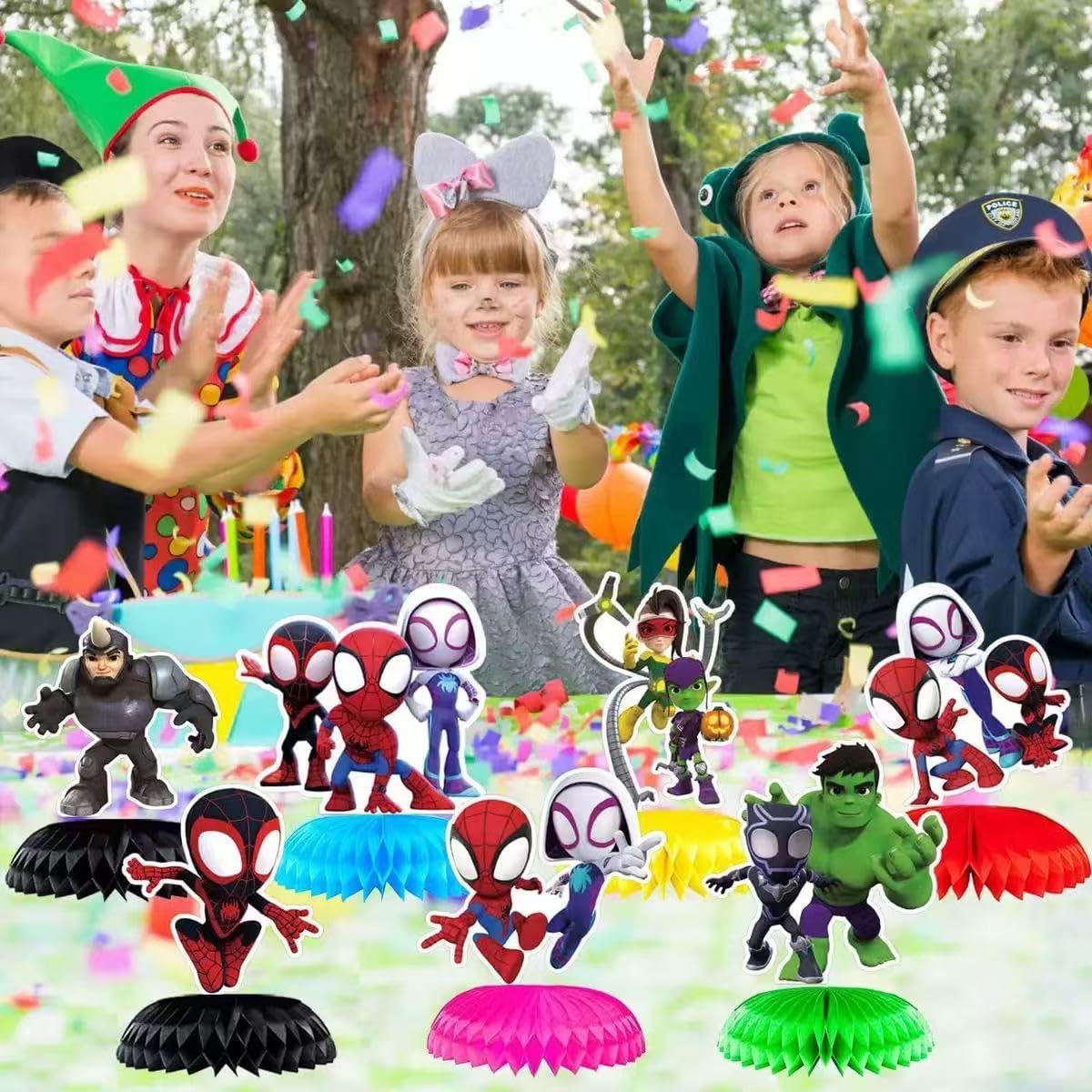 7Pcs Spide and His Friends Honeycomb Table Centerpiece, Cartoon Birthday Party Supplies Table Decorations for Kids Party Decorations