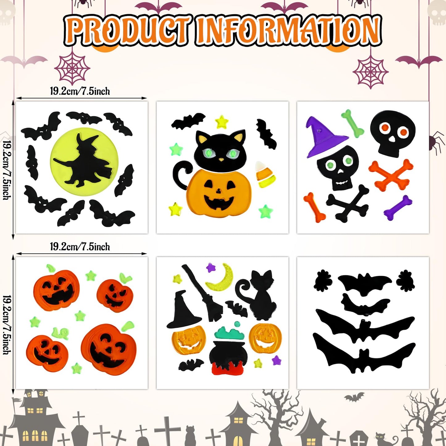 Sinload 6 Sheets Halloween Window Gel Clings Pumpkin Bat Witch Decal Stickers for Halloween Home Party Window Decorations