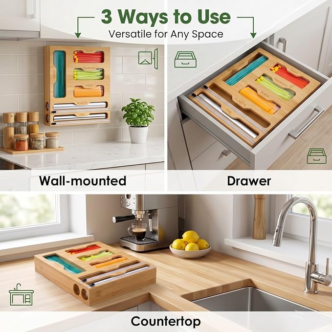 FUSHITON 6 in 1 Bamboo Food Storage Bag Organizer, Plastic Wrap Dispenser with Cutter, Foil Wax Paper Organizer for Kitchen Drawer, Wall Mount Countertop, Fits Gallon, Quart, Sandwich, Snack Bags