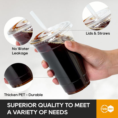 Turbo Bee 200 Sets 16 OZ Clear Plastic Cups with Lids and Straws, Disposable To Go Iced coffee cups with lids for Cold Drinks, Smoothie, and Slushie