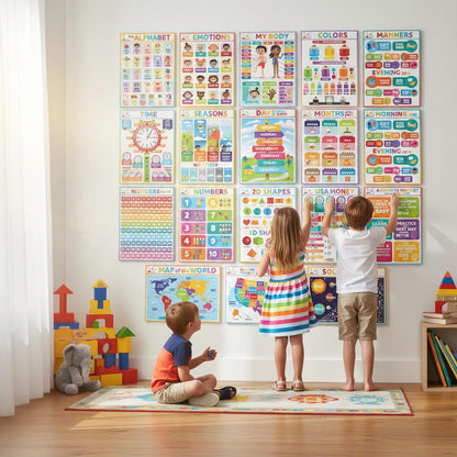 Sproutbrite 12 Pack 11" x 17" Academic Foundation - Educational Posters & Charts for Classroom - Covers Geography, the Solar System, time, Alphabet Recognition, 2D Shapes and More