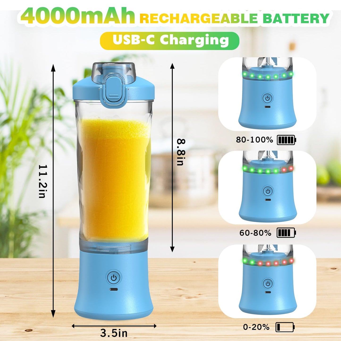Portable Blender Personal Juicer for Shakes and Smoothies - 20 OZ Electric Protein Shaker Bottle with Insulated Sleeve, Travel Lid, USB-C Rechargeable - Mini Small Blender Cup for Kitchen, Office, Gym