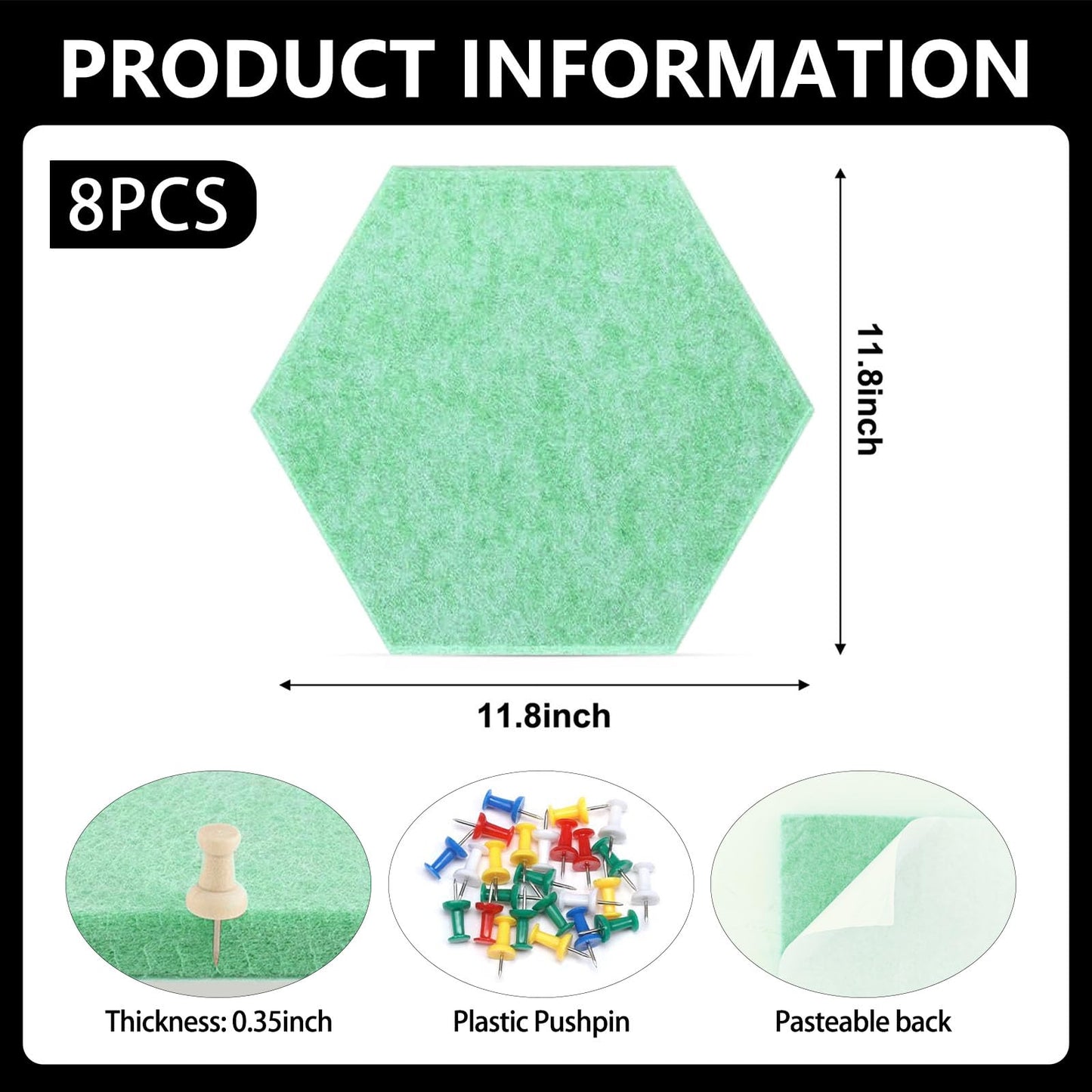 8 Packs Light Green Hexagon Felt Pin Board, 12" Bulletin Board with 30 Push Pins, Felt Board for Home Kitchen Office Decor, Self-Adhesive Corkboard Tiles for Walls Message Photos Memos Display
