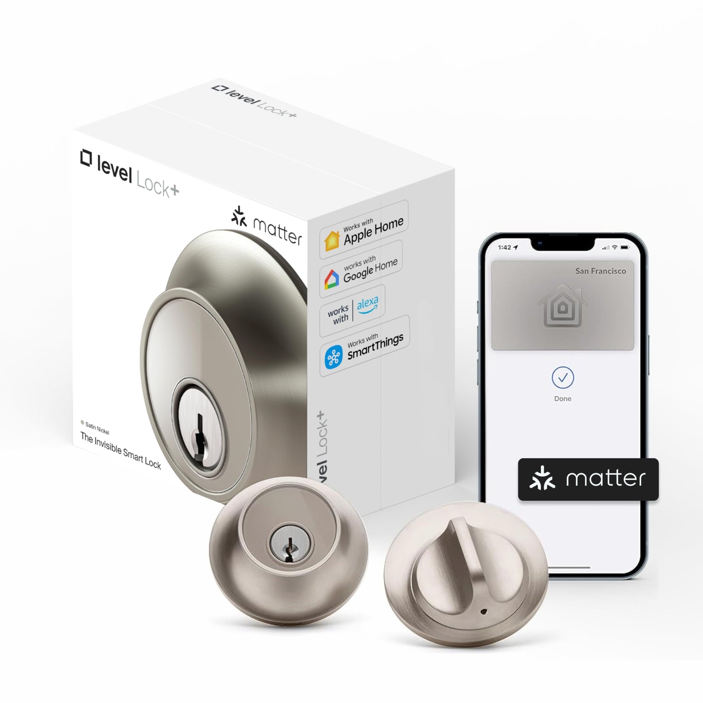 Level Lock+ (Matter) Smart Lock - World's Smallest, Most Advanced Matter-Over-Thread Deadbolt Plus Apple Home Key - Keyless and Remote Access via Apple, Alexa, Google Home, SmartThings (Satin Nickel)