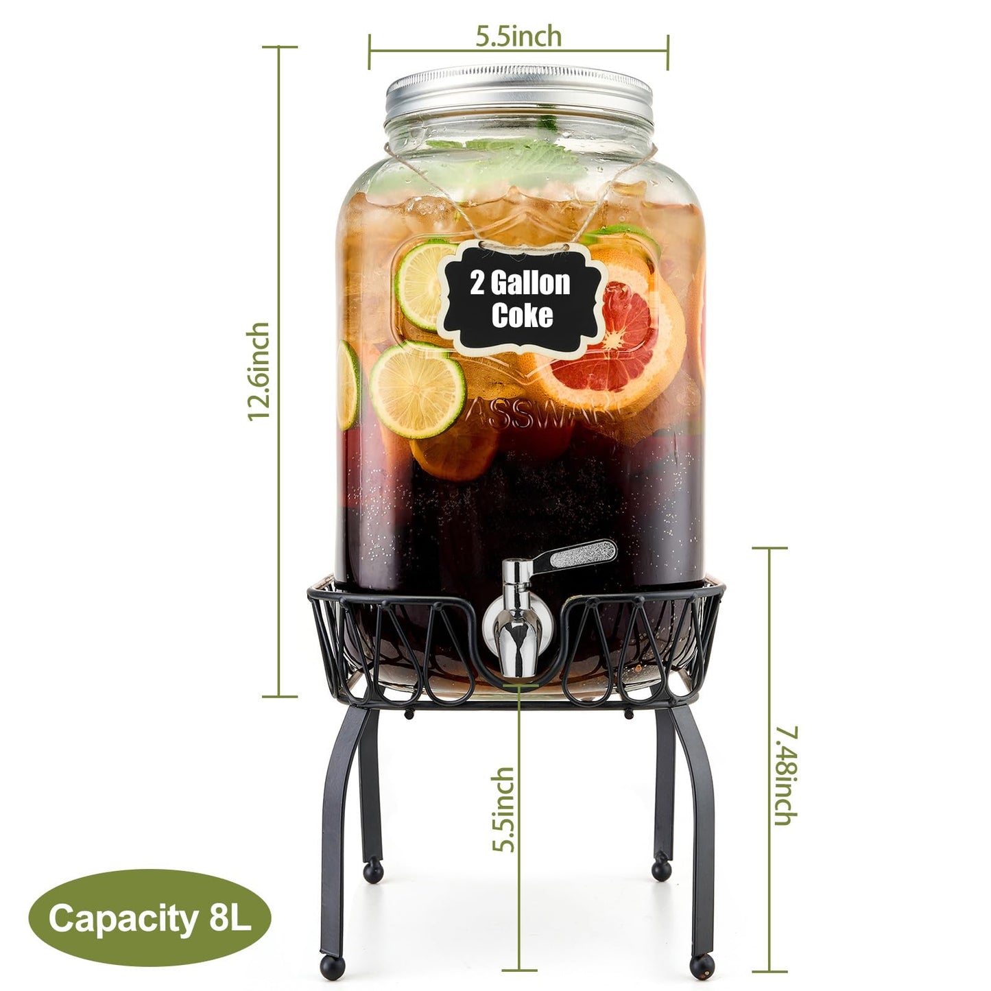 2 Gallon Beverage Dispenser with Stand and Lid, 18/8 Stainless Steel Spigot - Mason Jar Drink Dispensers with Lids, Glass Drink Dispensers for Parties