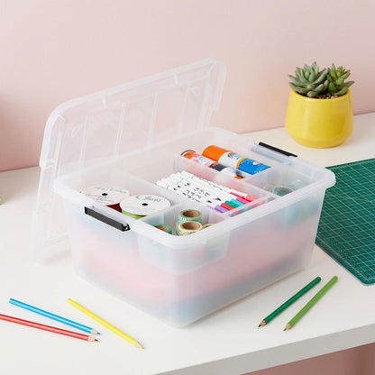IRIS USA 18 QT Clear Storage Organizer with Removable Dividers, Stackable Plastic Storage Box with Lid, Modular Container for Crafts, Tools, Office & Pantry Organization