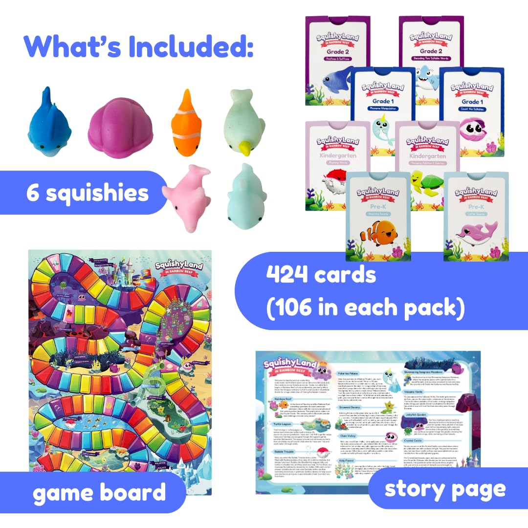 The Fidget Game SquishyLand in Rainbow Reef - Educational & Phonics Kindergarten Learning Activities for Children in Pre-K to 2nd Grade - Mochi Squishy Toys Set with Board Game (2-6 Players)